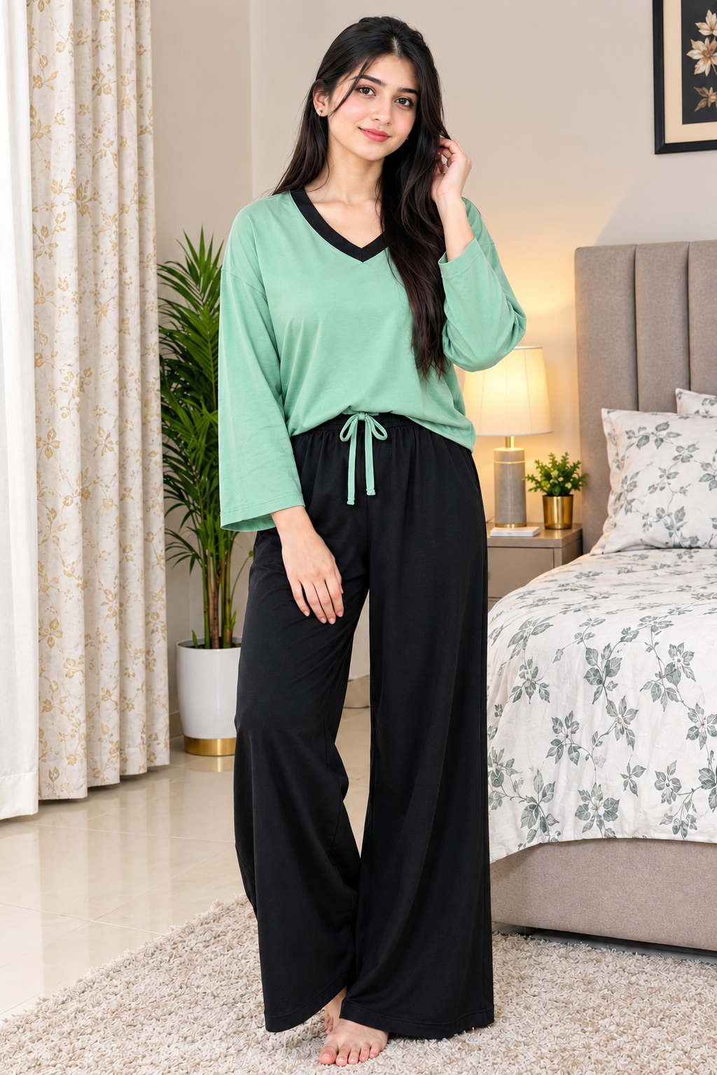 Mint Green V-Neck Night Suit