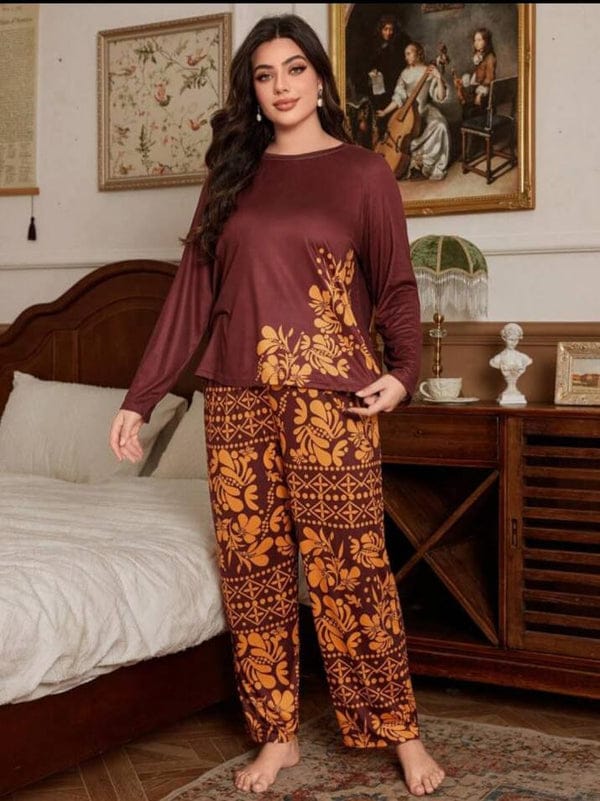 Maroon Leave Print Night Suit