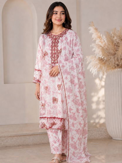 Rose Pink 3 Pcs Floral Kurti Set