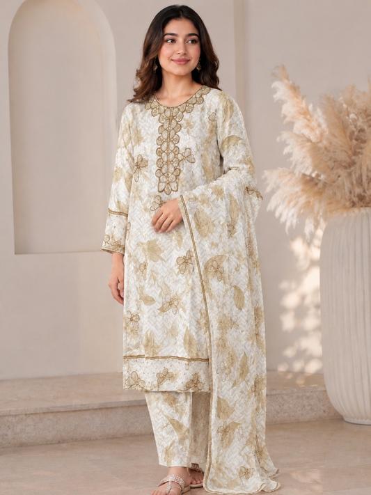Beige 3 Pcs Floral Kurti Set