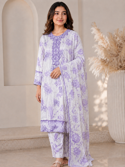 Lavender 3 Pcs Floral Kurti Set