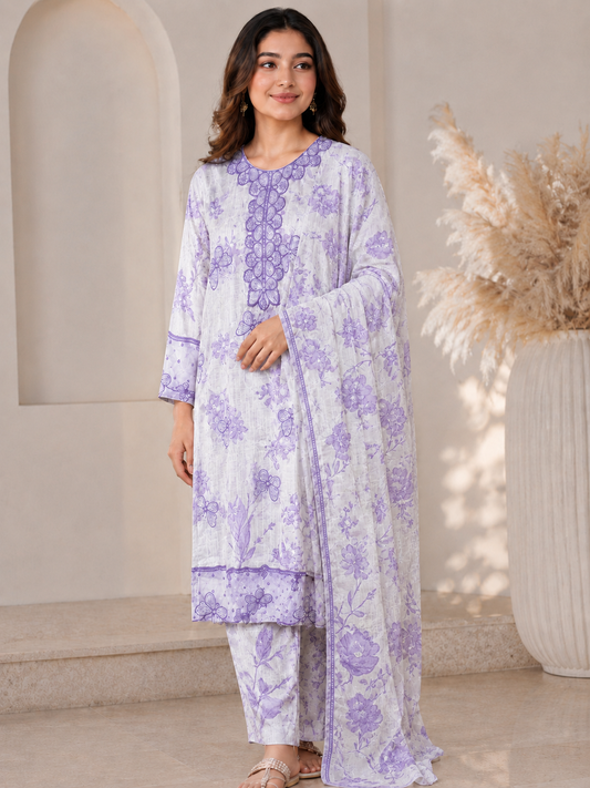 Lavender 3 Pcs Floral Kurti Set