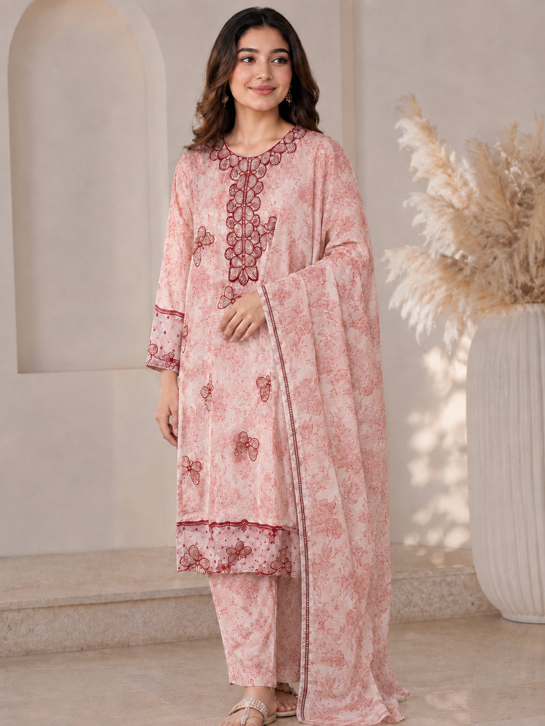 Pink 3 Pcs Floral Kurti Set