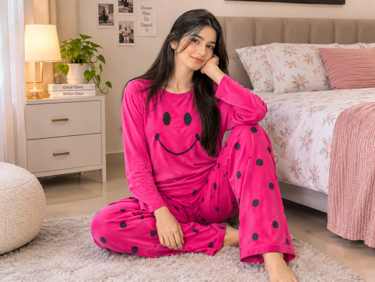 Pink Smiley Print Night Suit