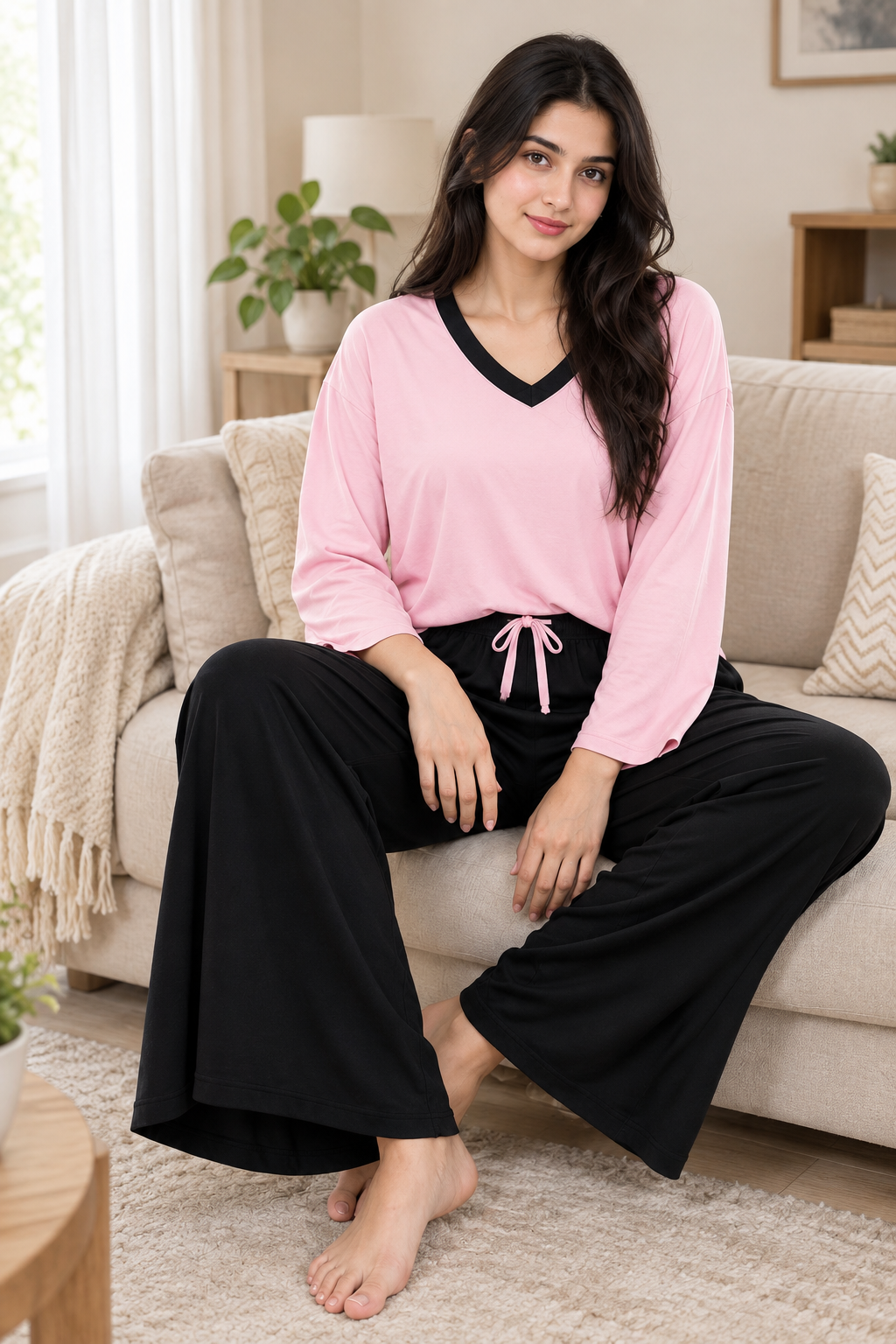 Pink-Black V Neck Night Suit
