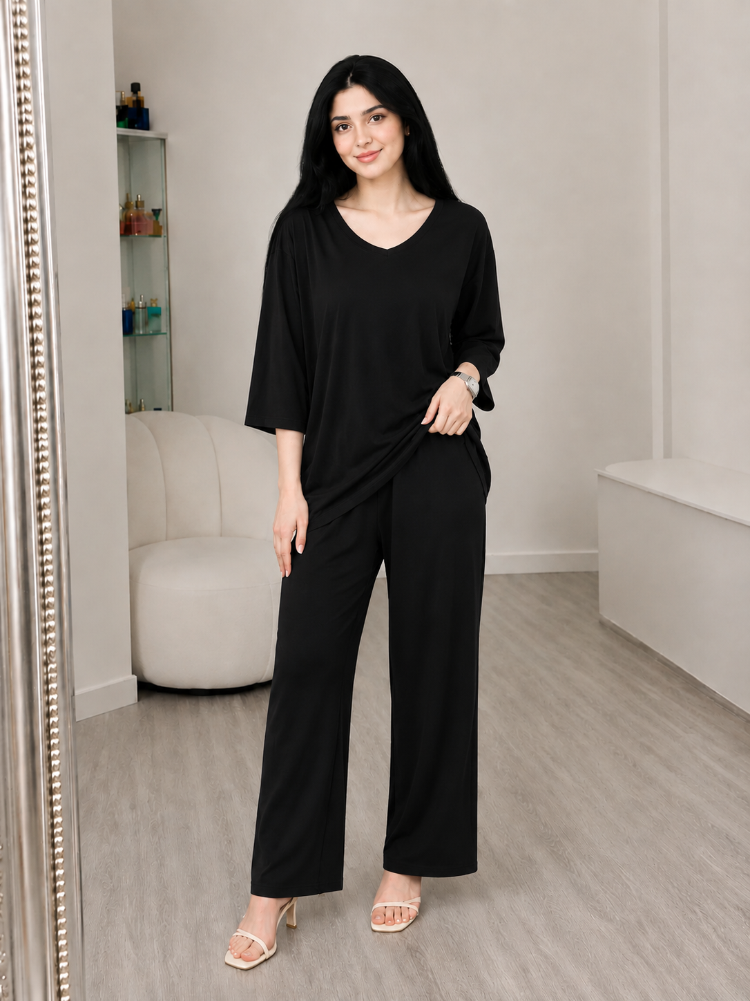Black Plain Palazo Night Suit