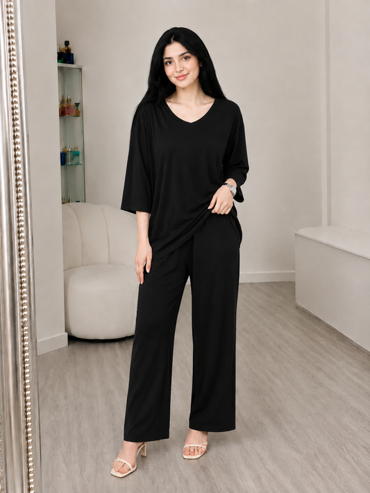 Black Plain Palazo Night Suit
