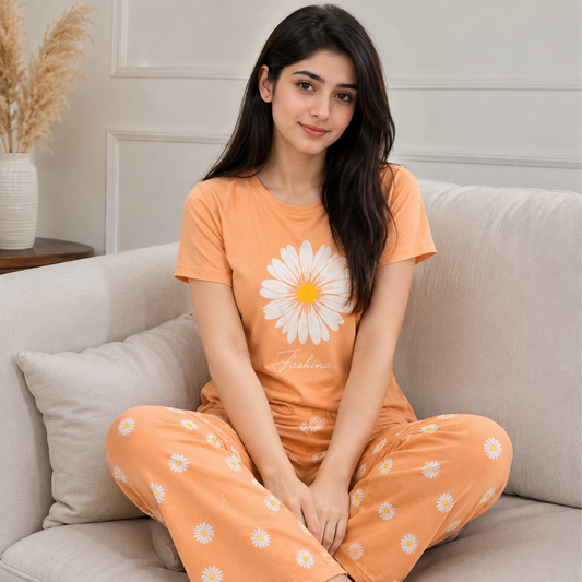 Orange Floral Print Night Suit