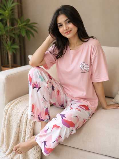 Pink but printed Night suit