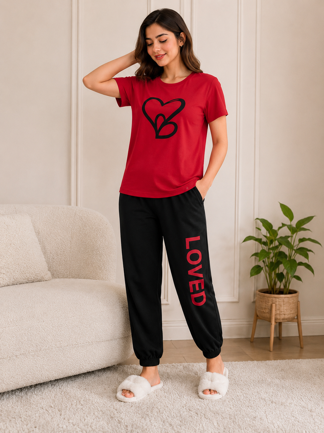 Red Loved Heart Print Night Suit