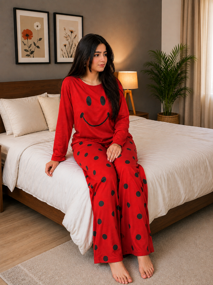 Red Smiley Full Sleeves Printed Pajama Night Suit