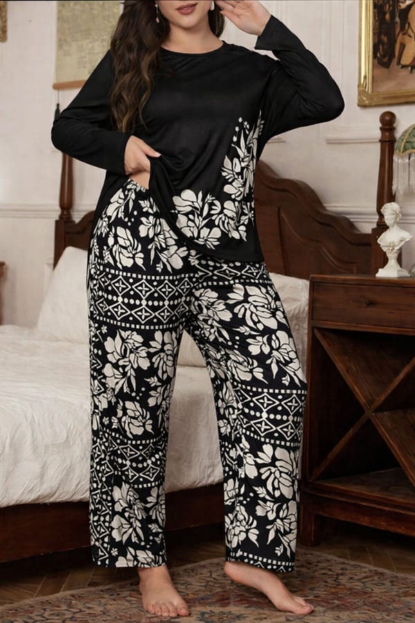 Black Leave Print Night Suit