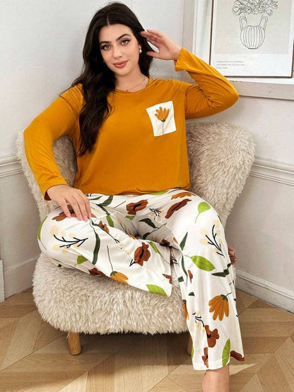 Mustard Pocket Flower Print Night Suit