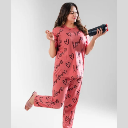 T-pink love heart printed night suit