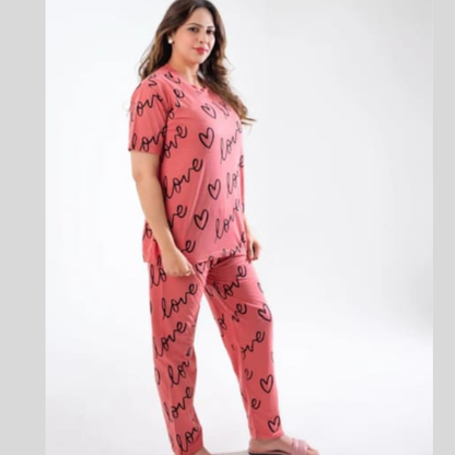 T-pink love heart printed night suit