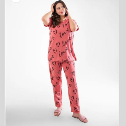 T-pink love heart printed night suit