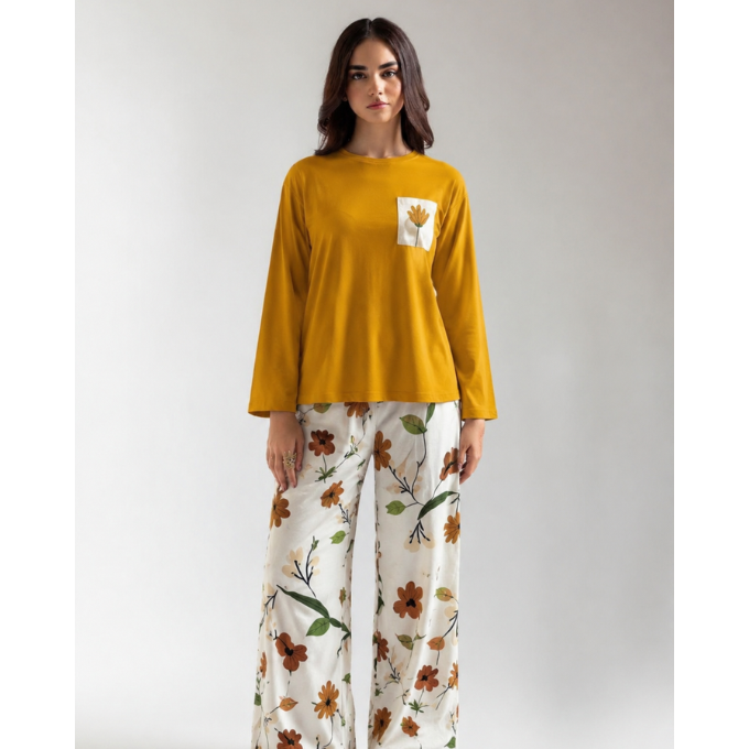 Mustard Pocket Flower Print Night Suit