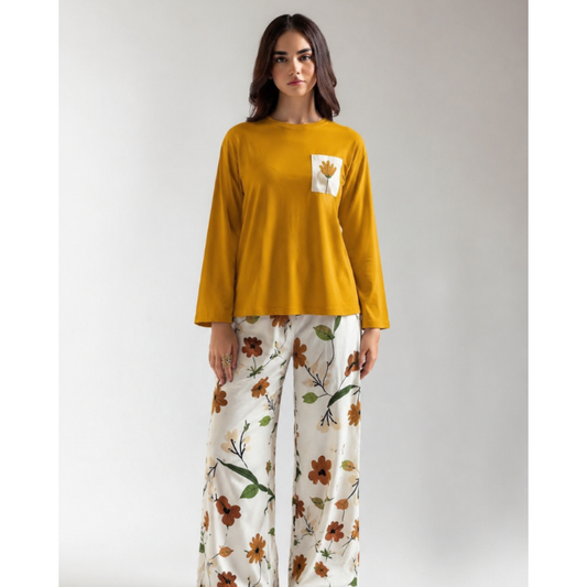 Mustard Pocket Flower Print Night Suit