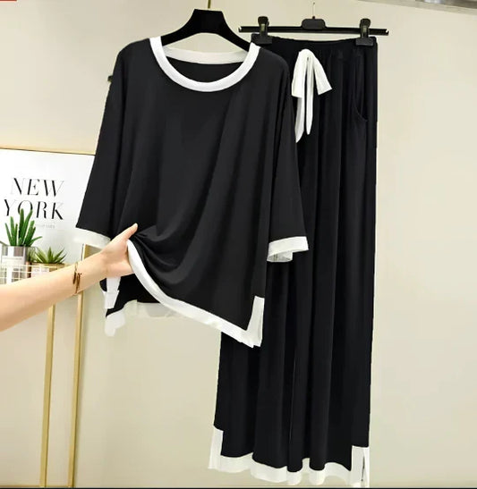 Black White Round Neck Plazo Night Suit