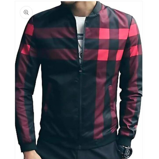 Red Checkered Printed Zipper Jacket