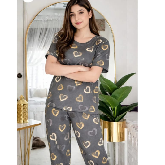 Grey Heart Printed Night Suit