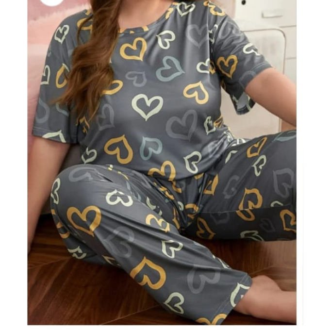 Grey Heart Printed Night Suit