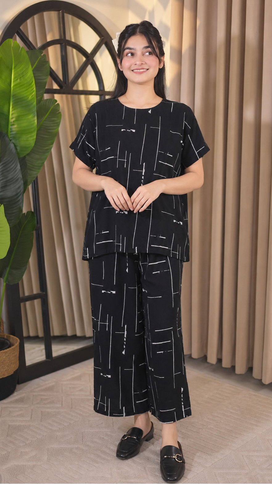 Black Printed Capri Night Suit