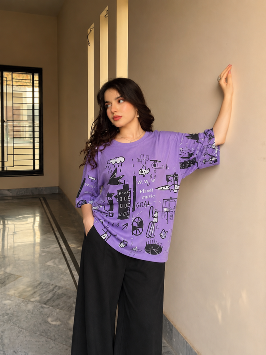 Purple Planet Printed Night Suit