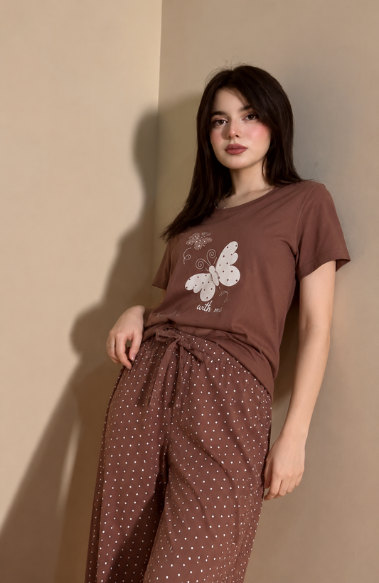 Brown Butterfly Printed Night Suit