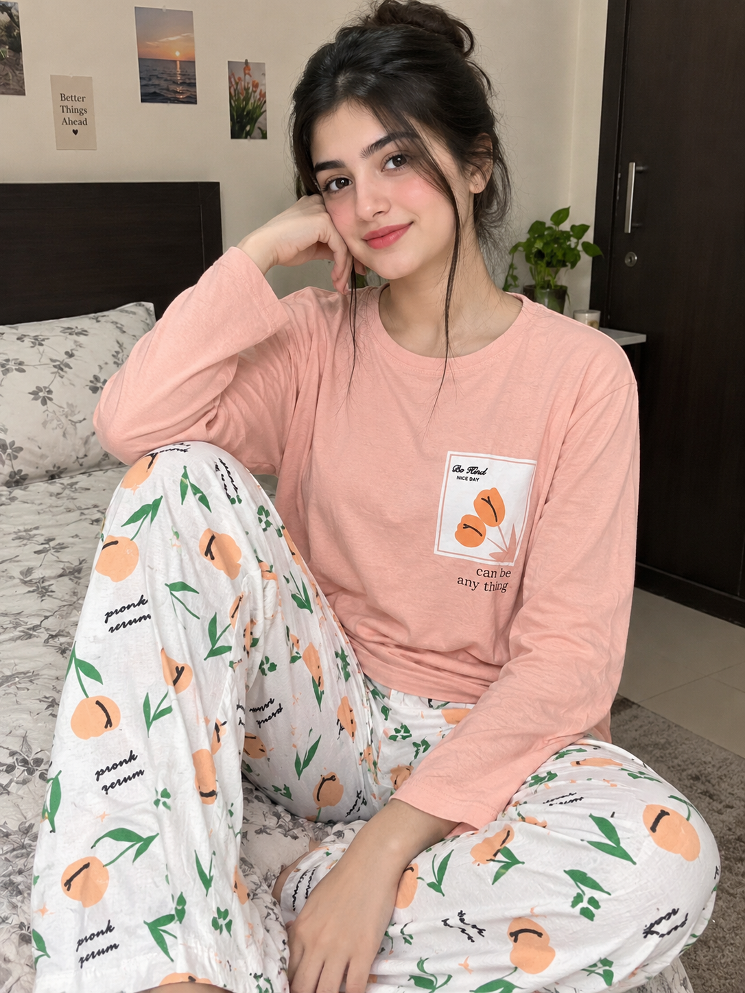 Peach Pocket Print Night Suit