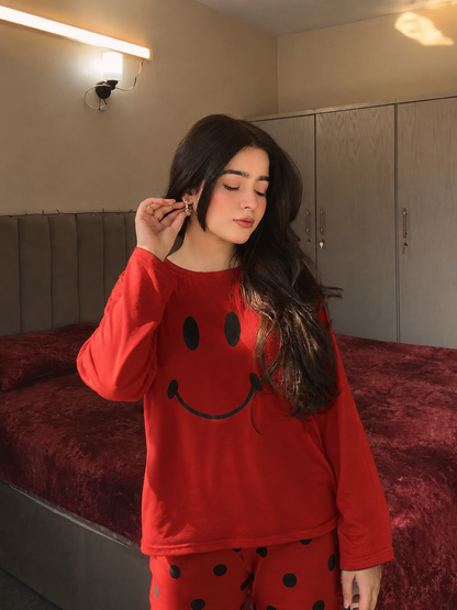 Red Smiley Full Sleeves Printed Pajama Night Suit